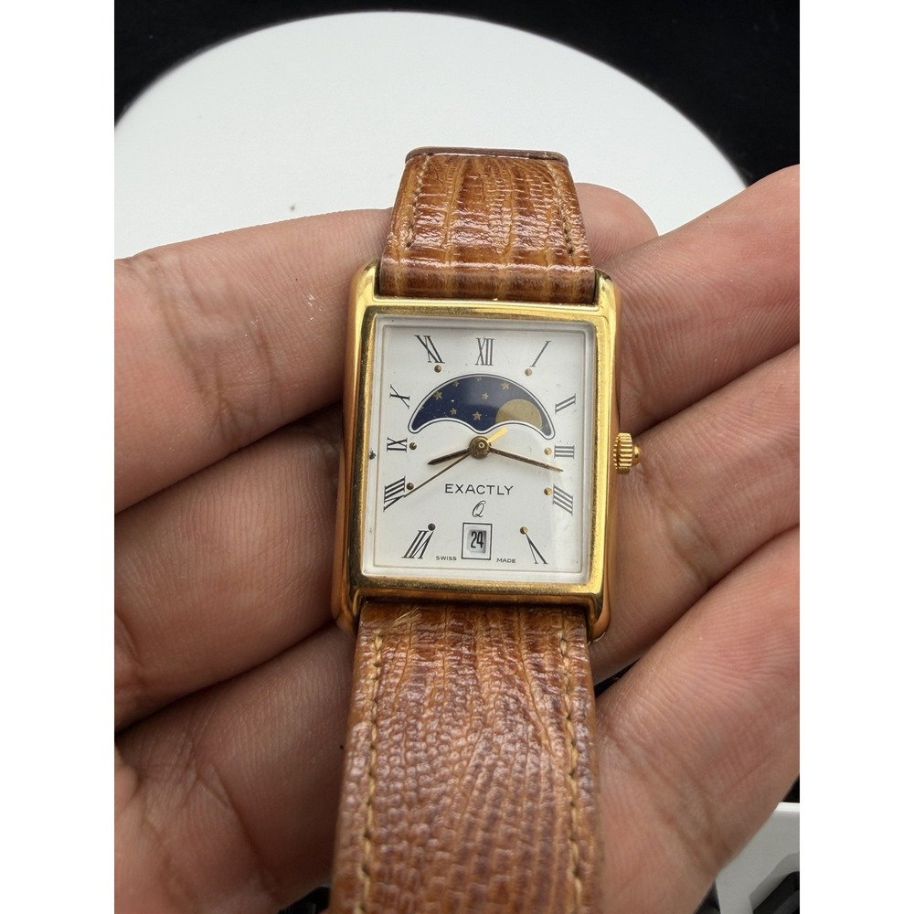 Exactly Swiss Movement Tank Style Brown Leather Moon Phase Watch